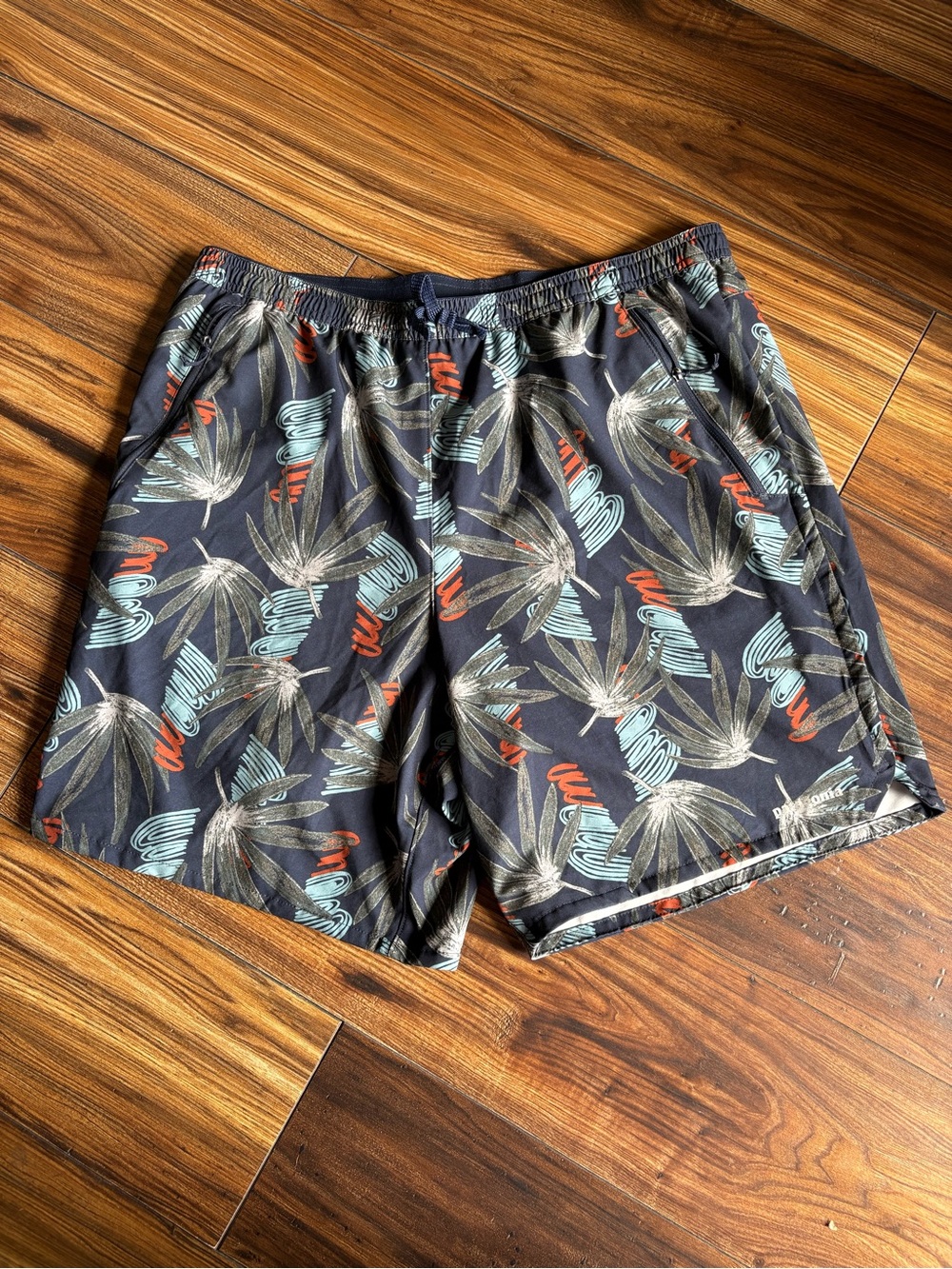 Patagonia Navy Tropical Palm Print Swim Trunks